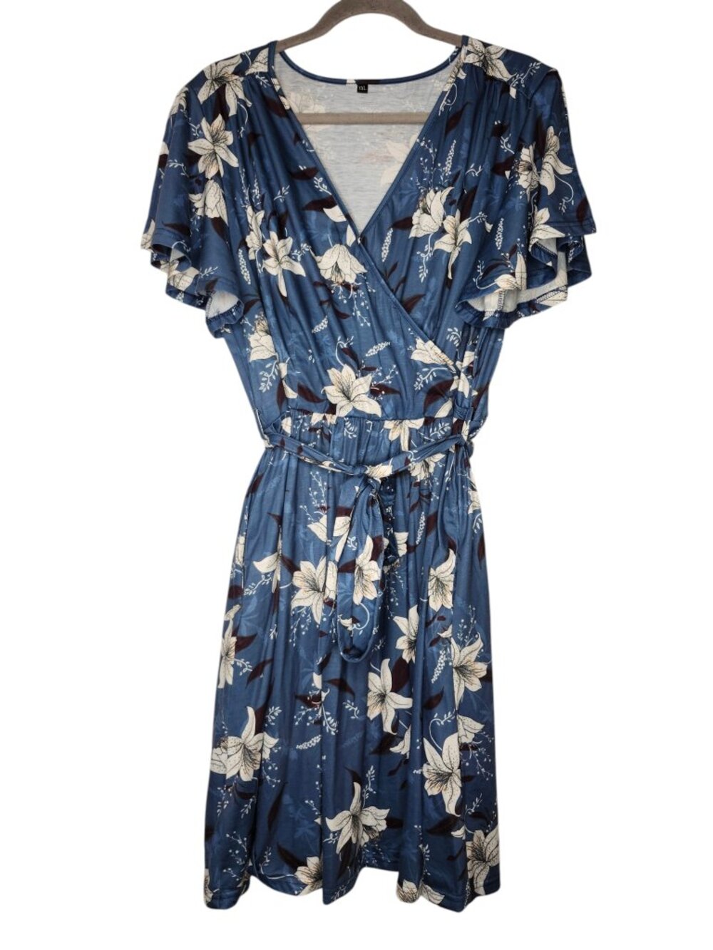 Blue Wrap Style Dress Floral Lily Print Plus Size XXL